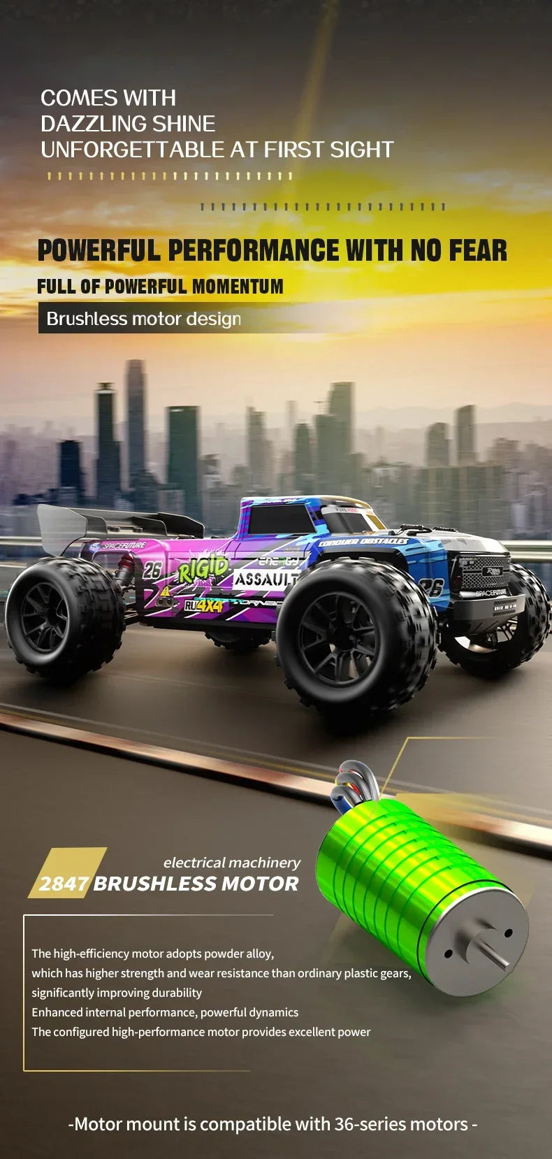 A blue and black 1:14 scale brushless RC monster truck is shown in a dynamic pose against a blurred cityscape background.