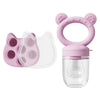 A pink silicone baby fruit feeder set with molds and a clear container.