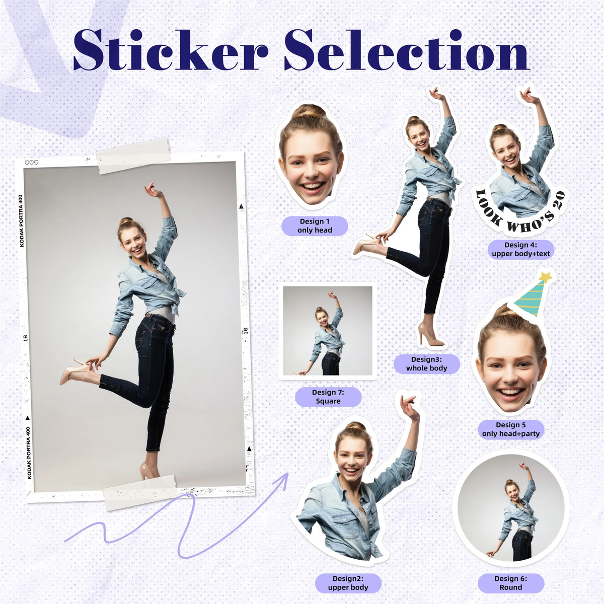 A selection of custom die-cut vinyl stickers featuring women in blue shirts and jeans, demonstrating various designs.