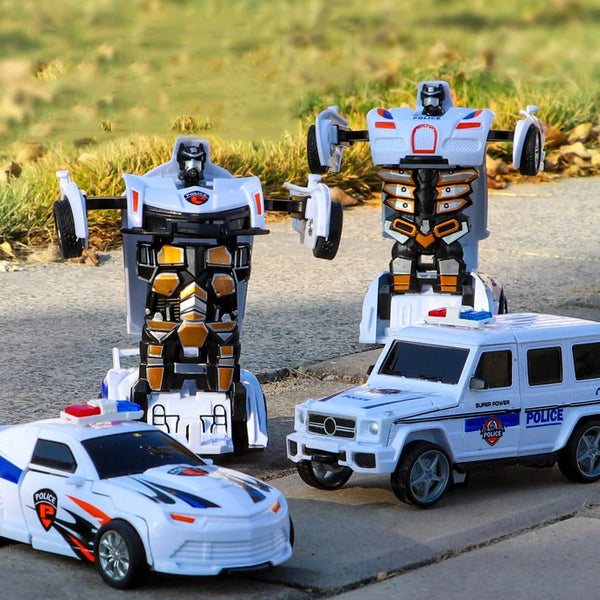 A collection of transforming diecast robot cars and vehicles in white and orange colors.