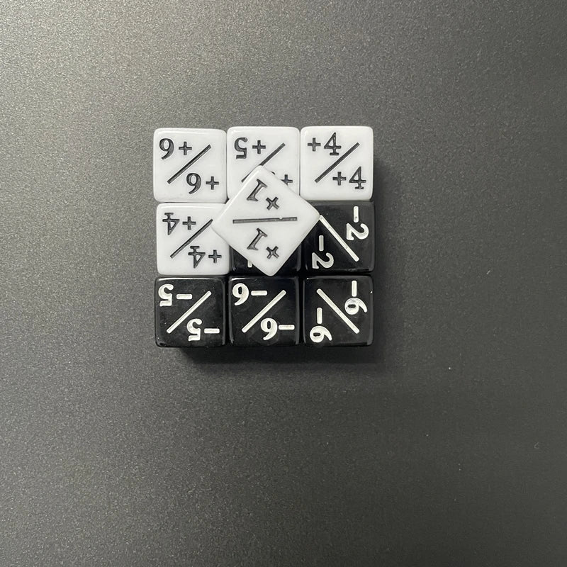 A set of ten acrylic counter dice showing various numerical and fractional values.