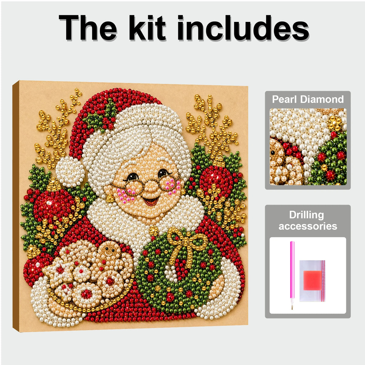 A kit for pearl diamond painting featuring a woman in festive Christmas attire with various drilling accessories.