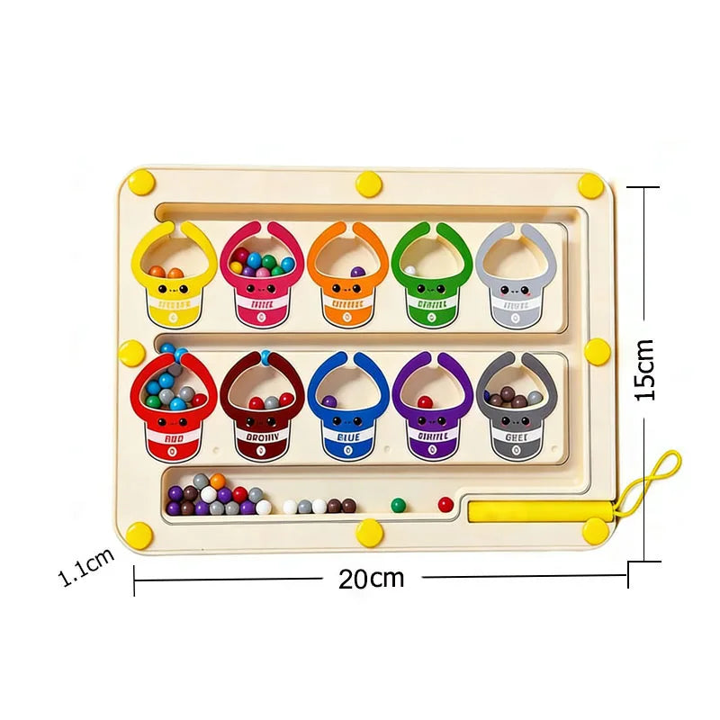 A wooden magnetic maze bead puzzle board with multiple colored cups for early learning and logic toys.