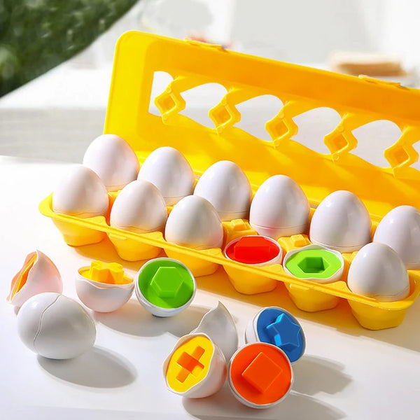 A yellow egg-shaped puzzle set with white and colored pieces for Montessori learning.