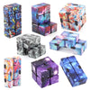 A collection of colorful, cube-shaped fidget toys featuring iridescent and starry sky designs.