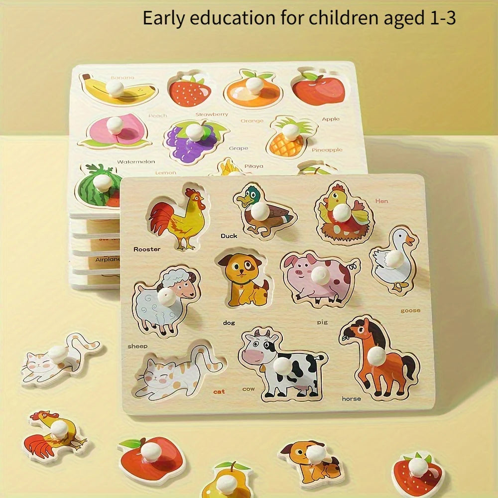 Wooden shape matching puzzle board for early learning featuring various fruits and animals