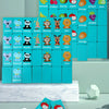 A wooden puzzle game featuring various farm animals and fruits, including bananas, apples, grapes, and oranges.