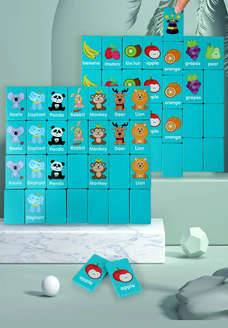 A wooden puzzle game featuring various farm animals and fruits, including bananas, apples, grapes, and oranges.