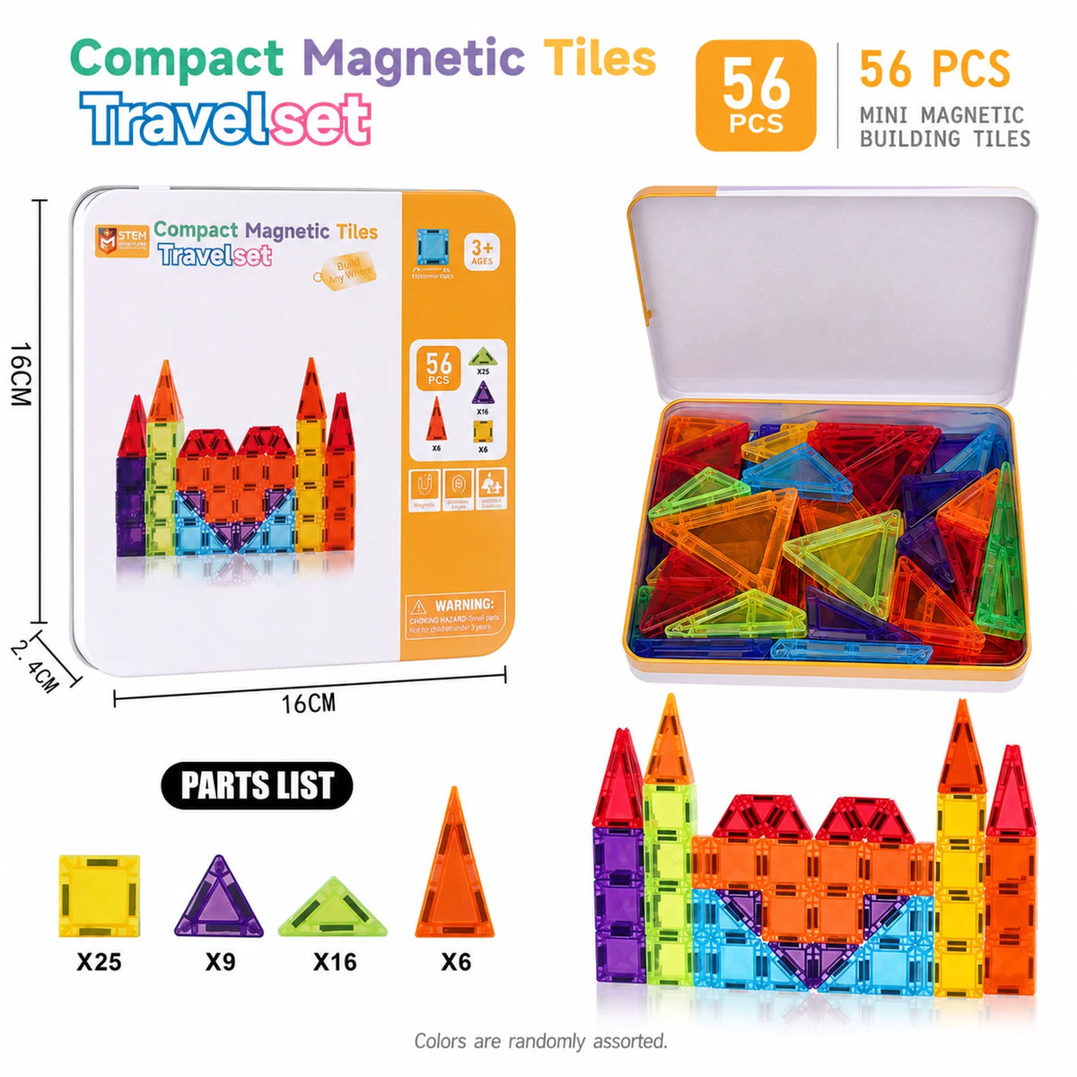 A set of 56 mini magnetic building tiles in various colors and shapes displayed next to the packaging and parts list.