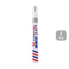 A single tube of permanent paint markers with a white and blue striped body and silver cap.