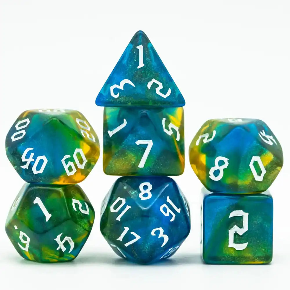 A set of seven glitter translucent polyhedral dice, including a pyramid and various numbered dice.
