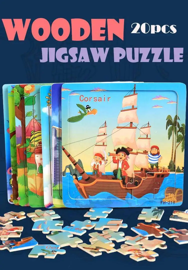 A set of 20 wooden jigsaw puzzles featuring a pirate ship and various animals for kids.