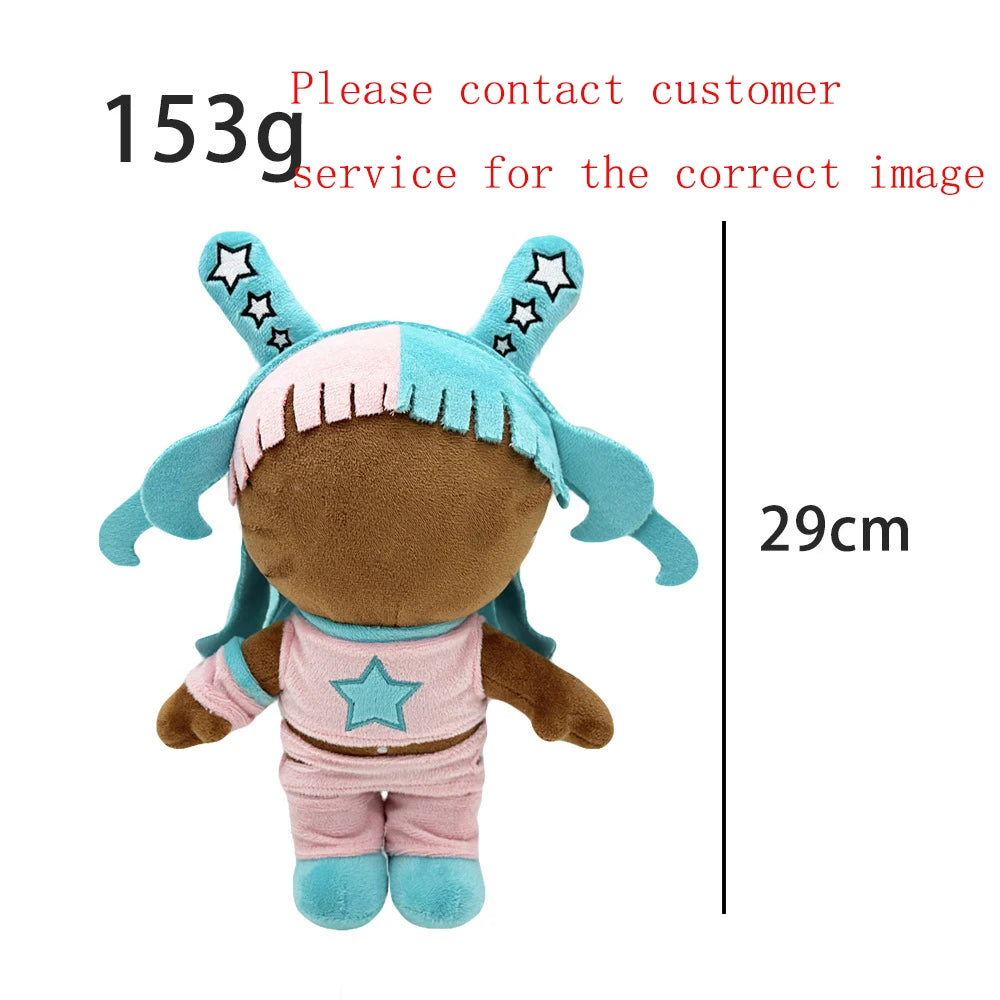 A plush doll featuring a brown body, pink clothing, and light blue hair with star accents.