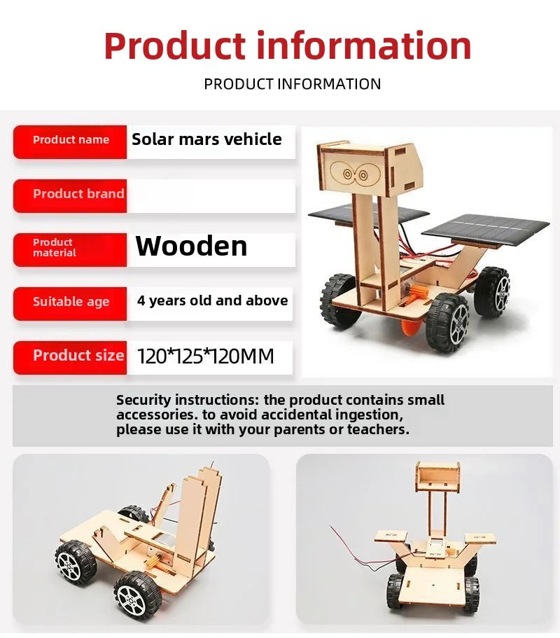 A wooden solar mars vehicle model kit with wheels and solar panels shown from the side.