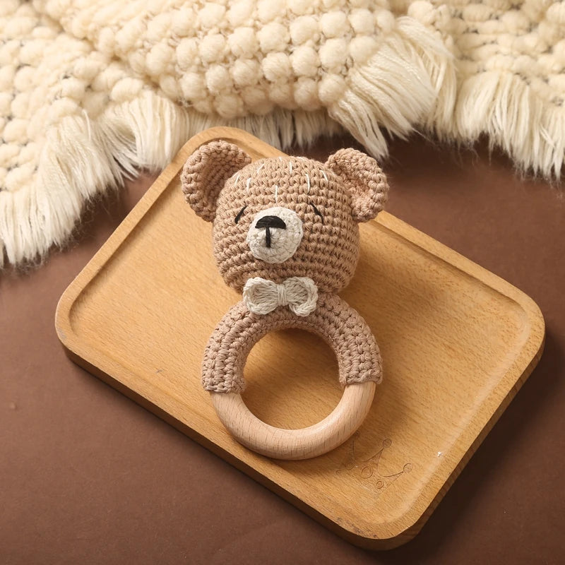 Handcrafted Wooden Crochet Animal Rattle for Babies