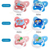 A set of silicone baby pacifiers and soothers in various colors and sizes for different age groups.