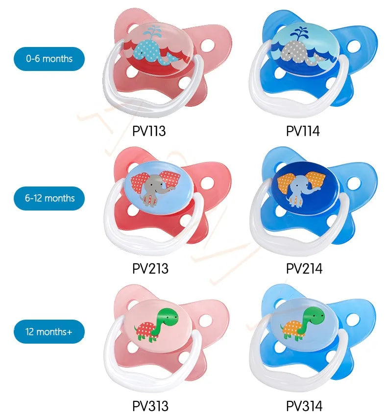 A set of silicone baby pacifiers and soothers in various colors and sizes for different age groups.