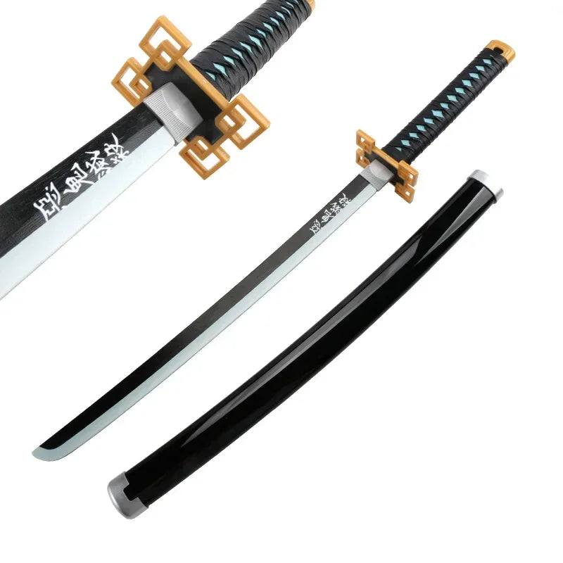 A replica Demon Slayer Tanjiro katana sword with a black blade and gold fittings shown in a diagonal view.