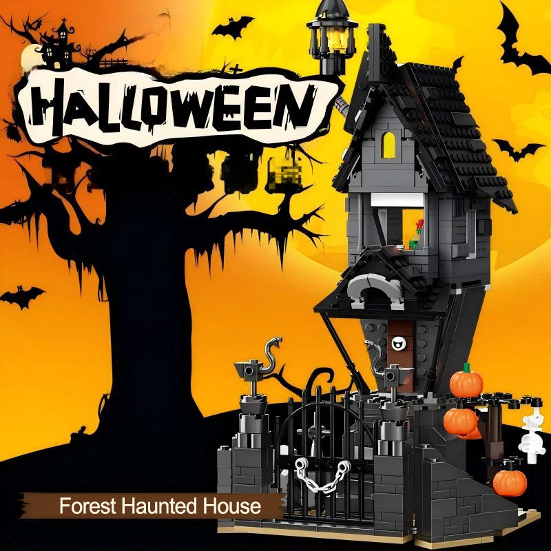 A dark wooden haunted house structure built from building blocks set against a bright orange Halloween background.