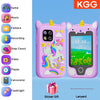 A pink cartoon-themed smartphone with a unicorn design and a lanyard, alongside various accessory icons.
