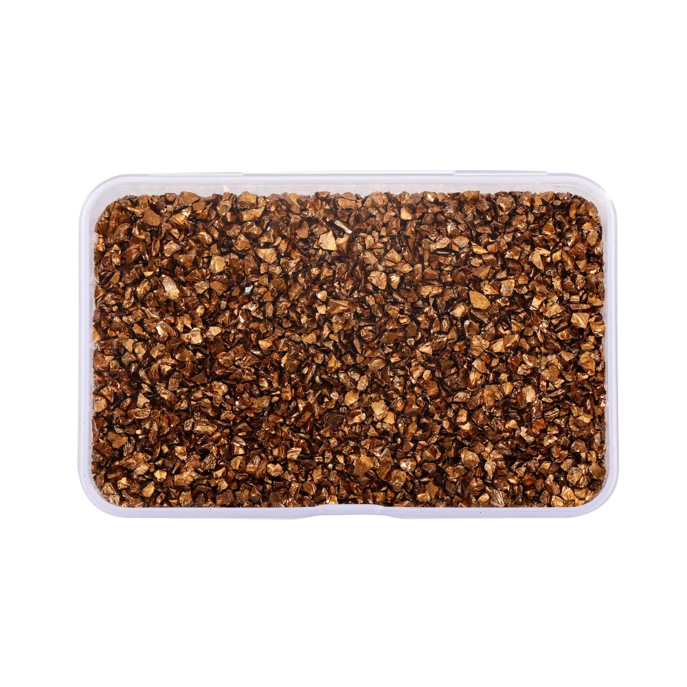 A clear plastic container filled with crushed brown glass stones for resin and craft projects