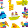 A collection of colorful LEGO-style building blocks and creations, including a yellow giraffe figure.