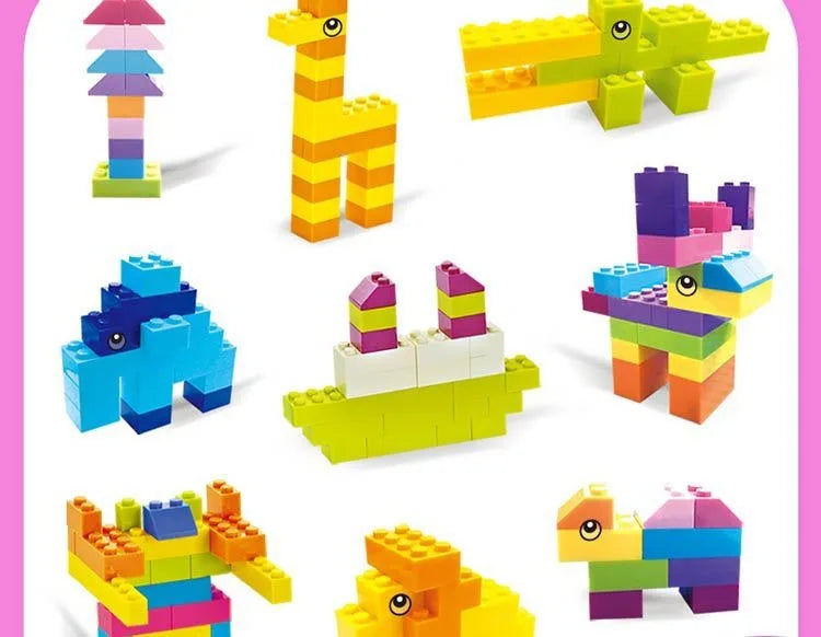 A collection of colorful LEGO-style building blocks and creations, including a yellow giraffe figure.