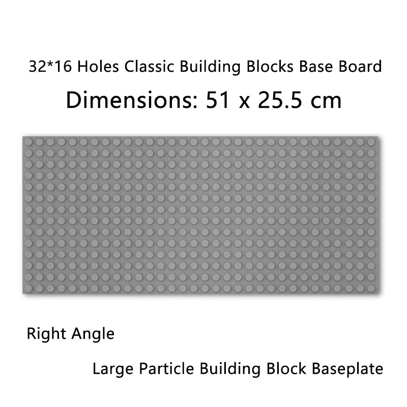 A gray base board for building blocks with 32x16 holes, measuring 51 x 25.5 cm.