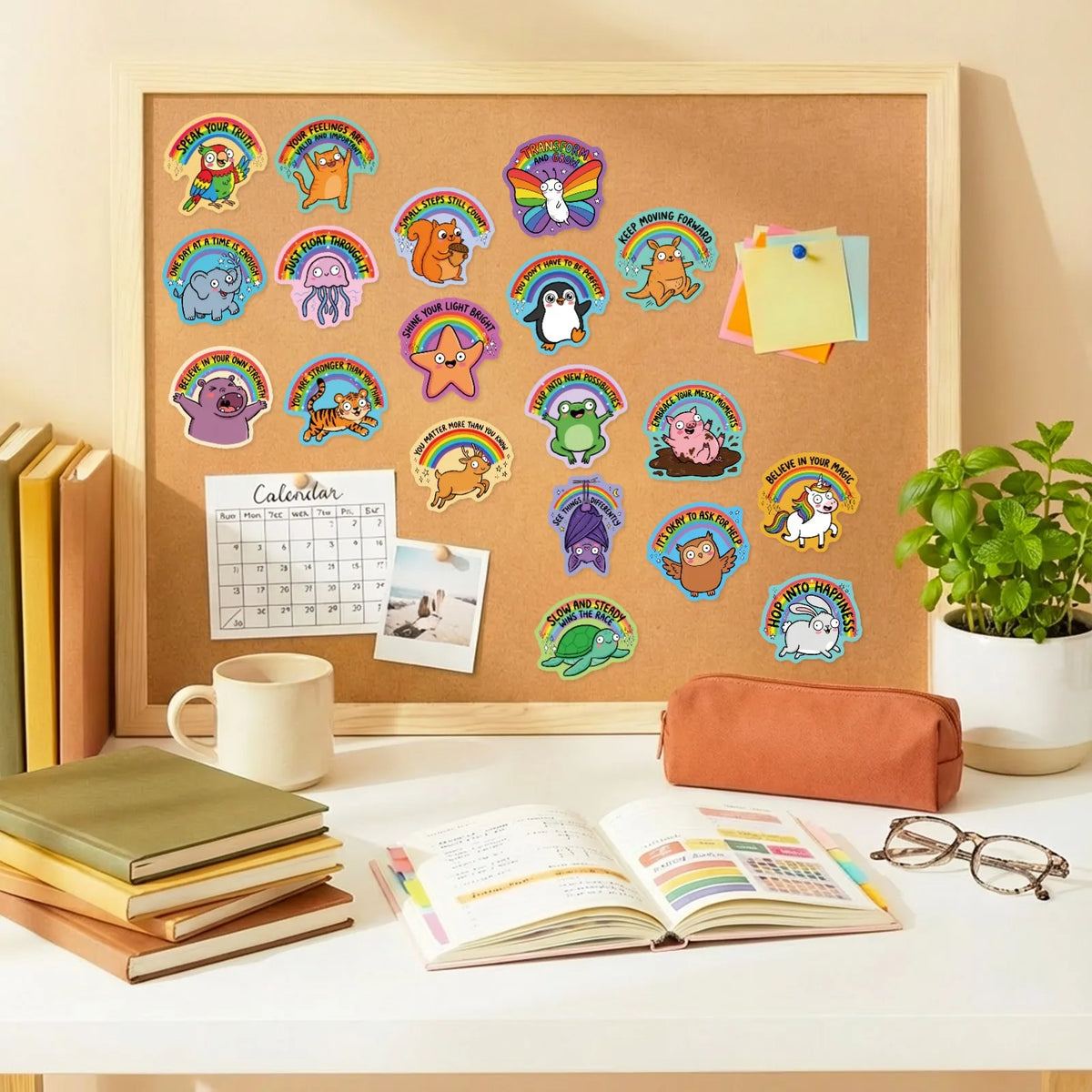 A framed display of colorful animal positive quote stickers on a cork board next to a cup and stacked books.