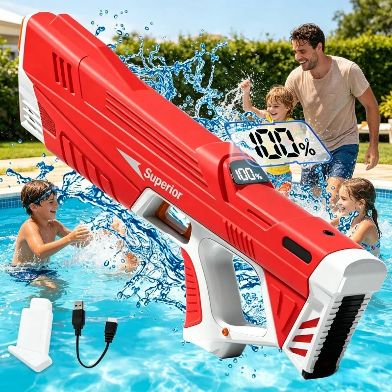 A red electric automatic water gun is spraying water in a swimming pool, with a man and child nearby.