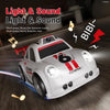 A white drift RC car is shown in motion with light and sound effects, featuring a camera and multi-mode remote control.