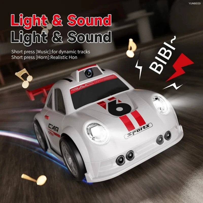A white drift RC car is shown in motion with light and sound effects, featuring a camera and multi-mode remote control.