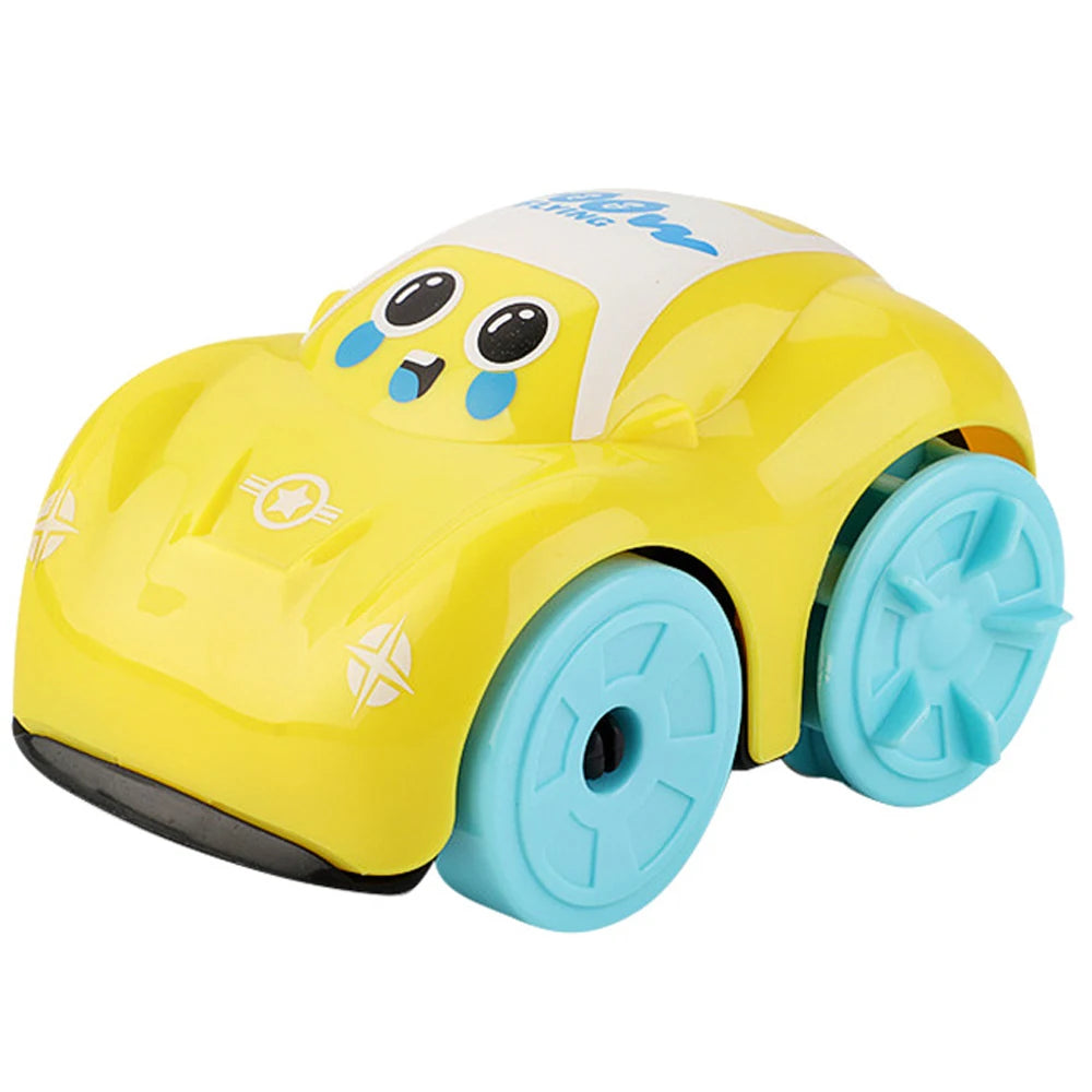 A yellow clockwork duck bath toy for kids with blue wheels and decorative details.