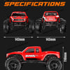 Front and side views of a red CHARAL PRO 1:18 scale RC rock crawler model with four-wheel steering features and specification