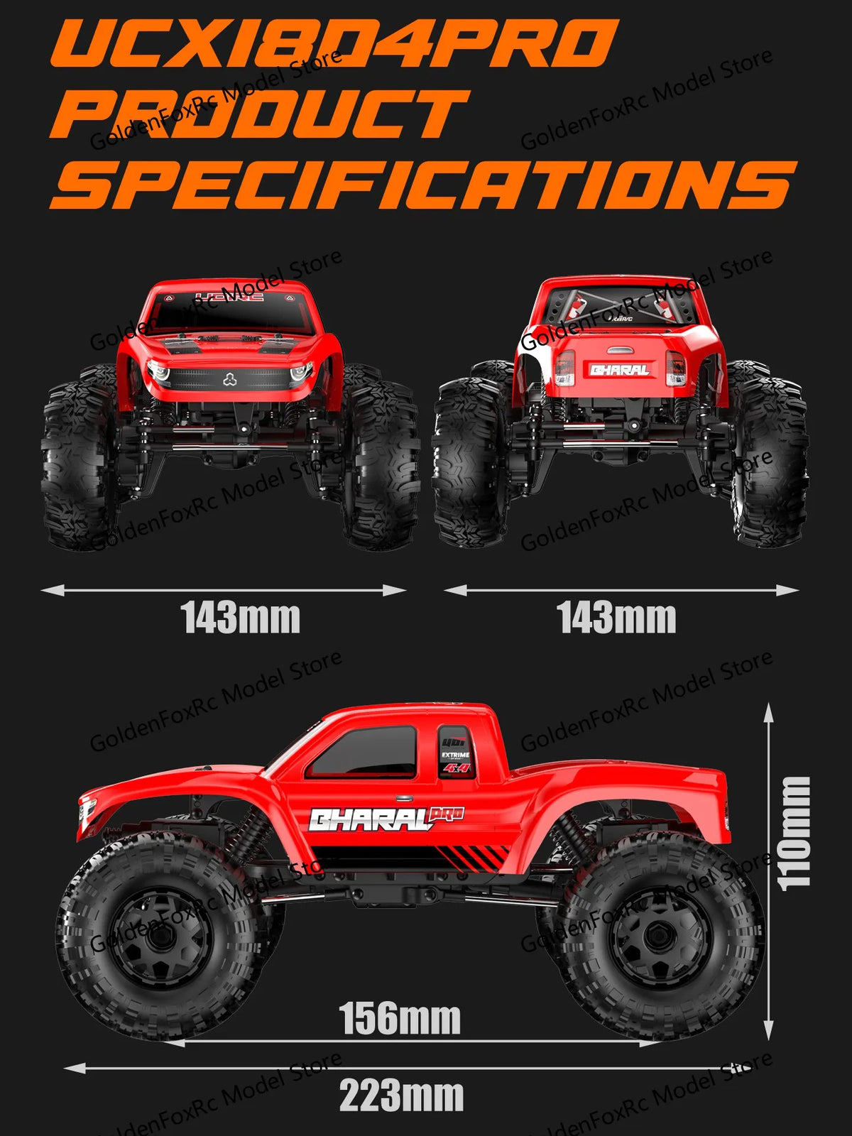 Front and side views of a red CHARAL PRO 1:18 scale RC rock crawler model with four-wheel steering features and specification
