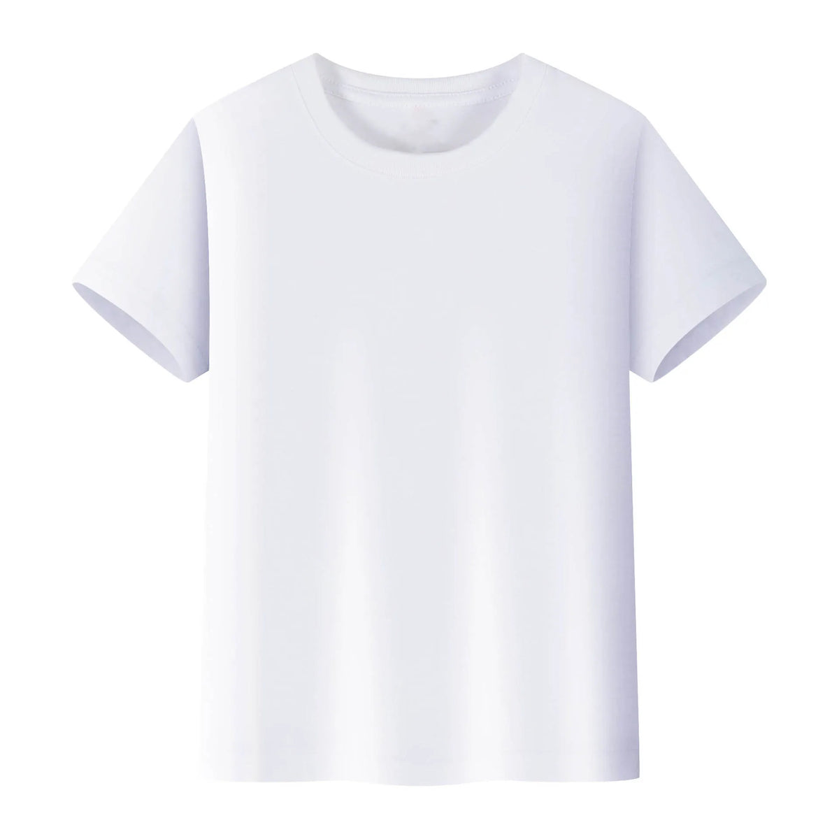 A white short-sleeved t-shirt for kids, suitable for boys and girls.