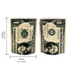 A pair of small mylar bags designed to resemble a dollar bill featuring a dollar sign pattern.