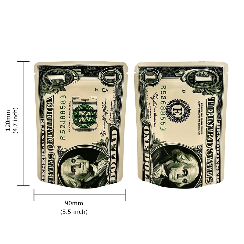 A pair of small mylar bags designed to resemble a dollar bill featuring a dollar sign pattern.