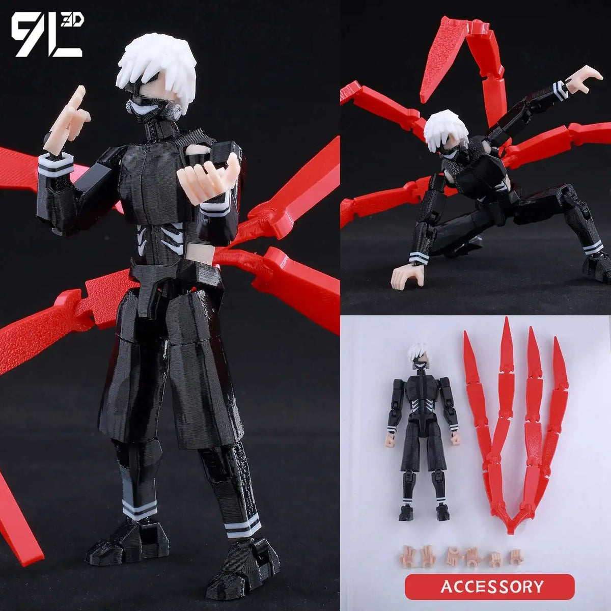 A fully articulated action figure of Yuji Itadori from Jujutsu Kaisen in black and white attire.