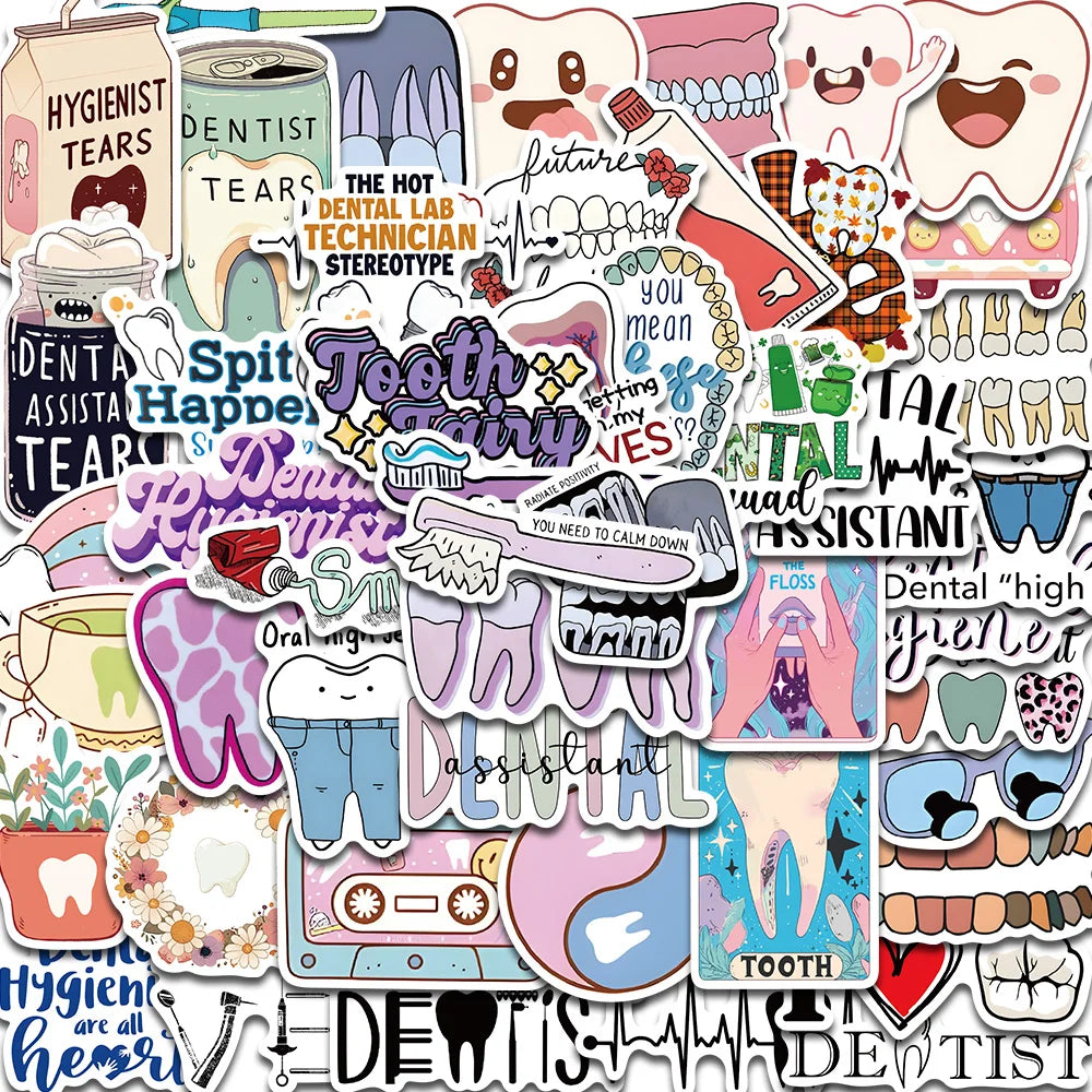 A collection of various dental and tooth-themed stickers featuring teeth, dentists, and related concepts.