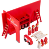 A red wooden fire brigade building toy set with ladders and accessories for children's pretend play.