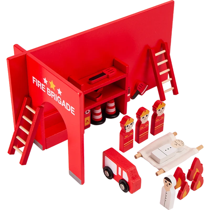 A red wooden fire brigade building toy set with ladders and accessories for children's pretend play.
