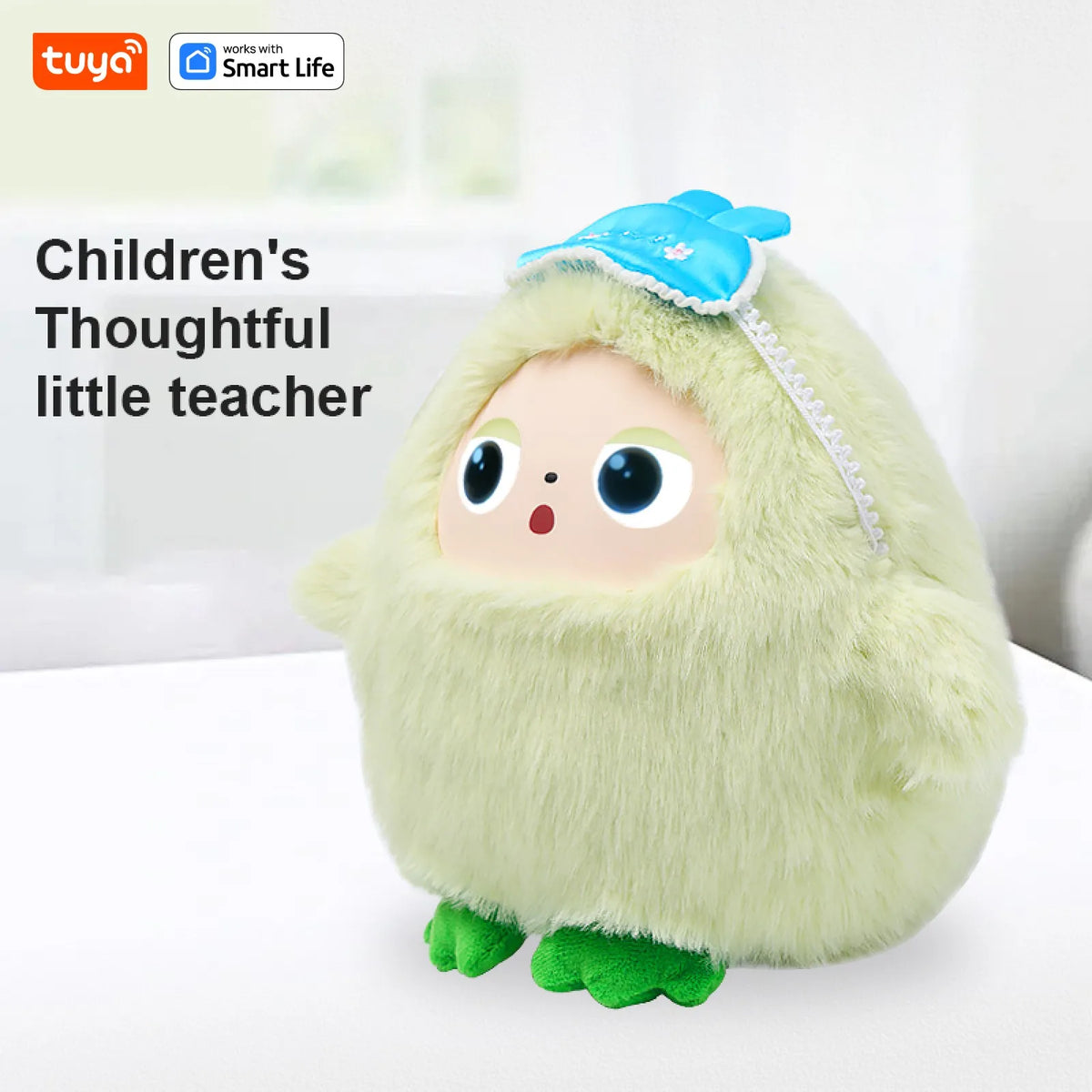 A light green plush robot designed as a children's thoughtful little teacher with blue accents.