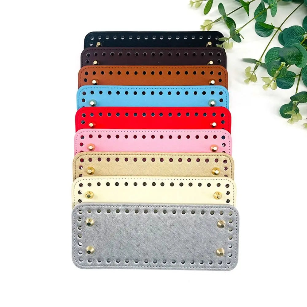 A stack of nine rectangular PU leather crochet bags in various colors including brown, black, orange, blue, red, pink, beige,