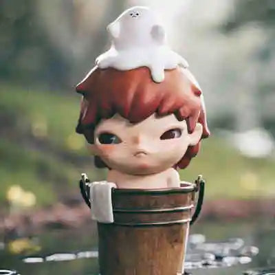 A small figure with reddish-brown hair and a white, fluffy head is shown emerging from a wooden container.