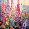 A vibrant painting of a lavender flower field with purple and pink blossoms under a bright sky.