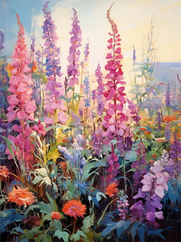 A vibrant painting of a lavender flower field with purple and pink blossoms under a bright sky.