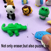 A collection of cute 3D puzzle animal erasers, including a panda, lion, frog, and crocodile, displayed on a purple surface.