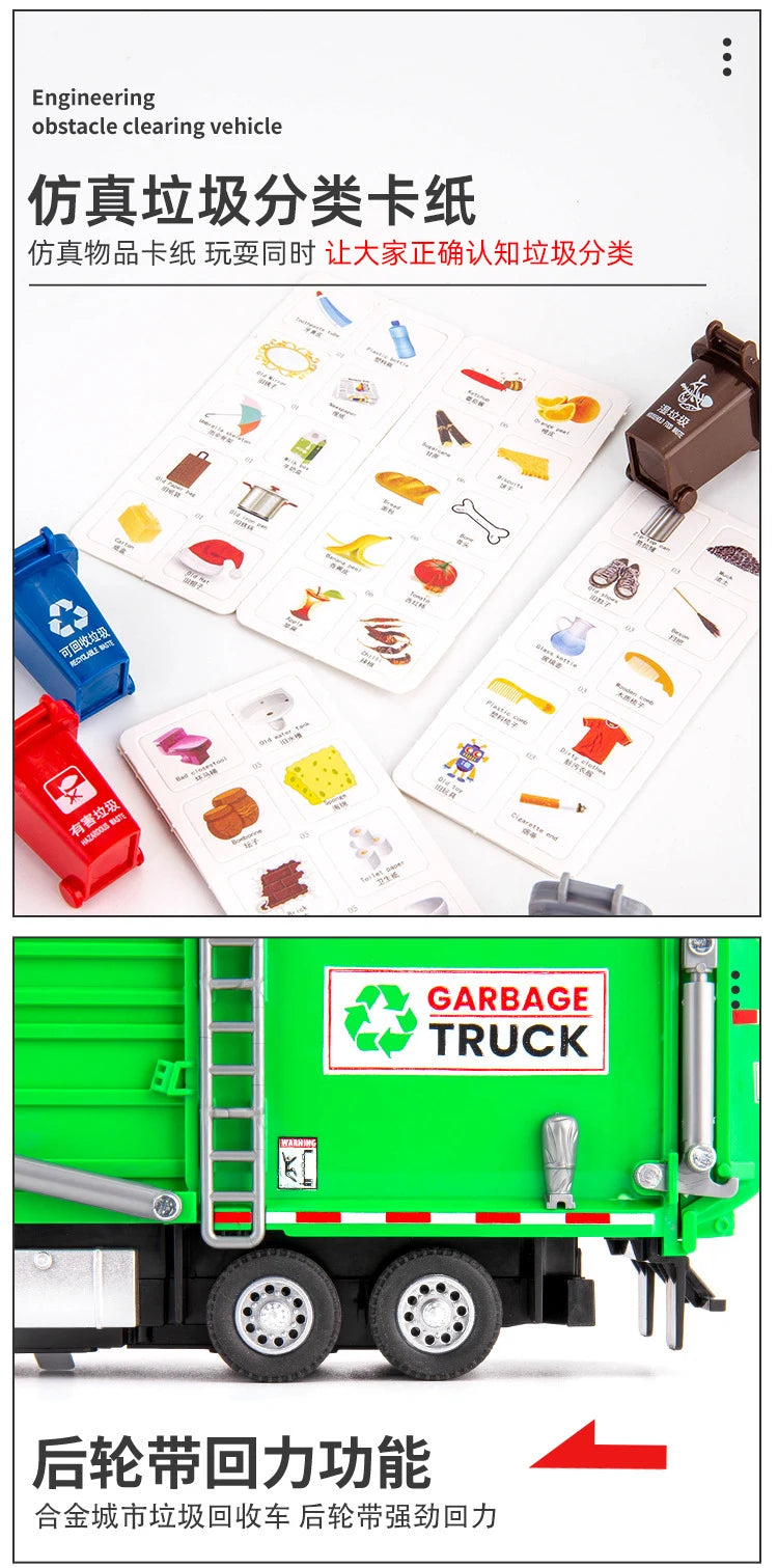 A model of a garbage truck with a rear-loading mechanism and a disassembled card set for vehicle inspection.