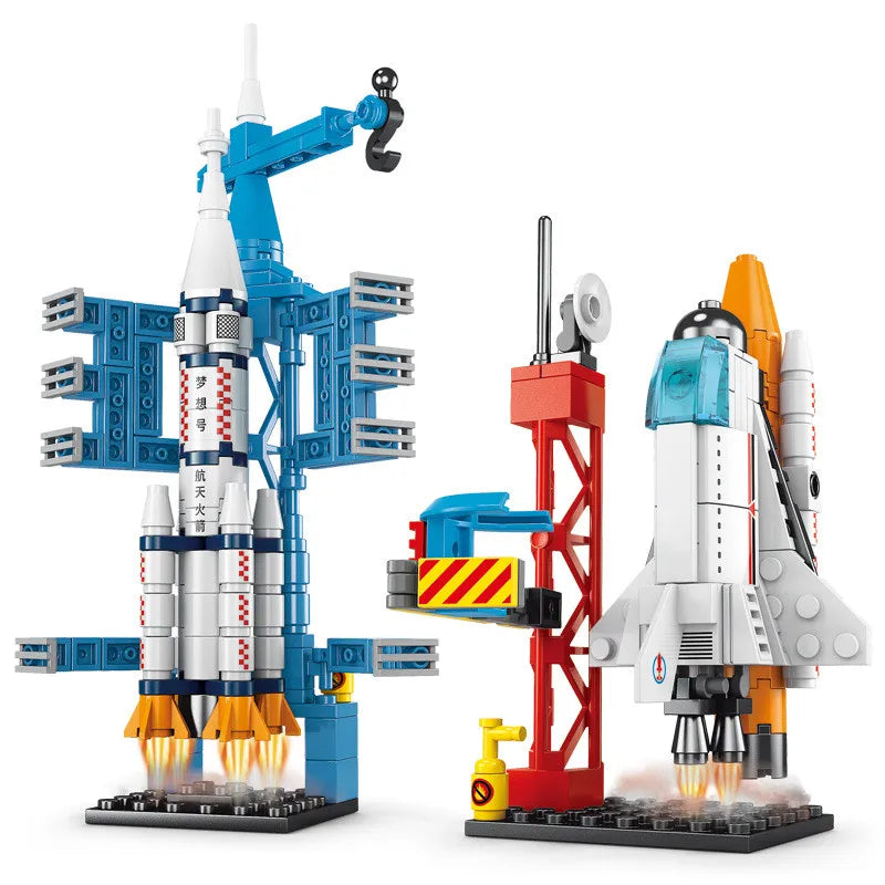 A blue and silver space rocket building blocks set with a launch center structure.
